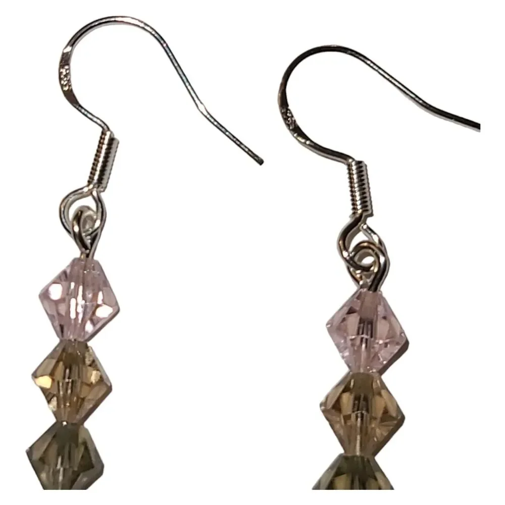 Sterling‎ Silver 925 Black Champagne & Pink Crystal Glass Drop Dangle Earrings